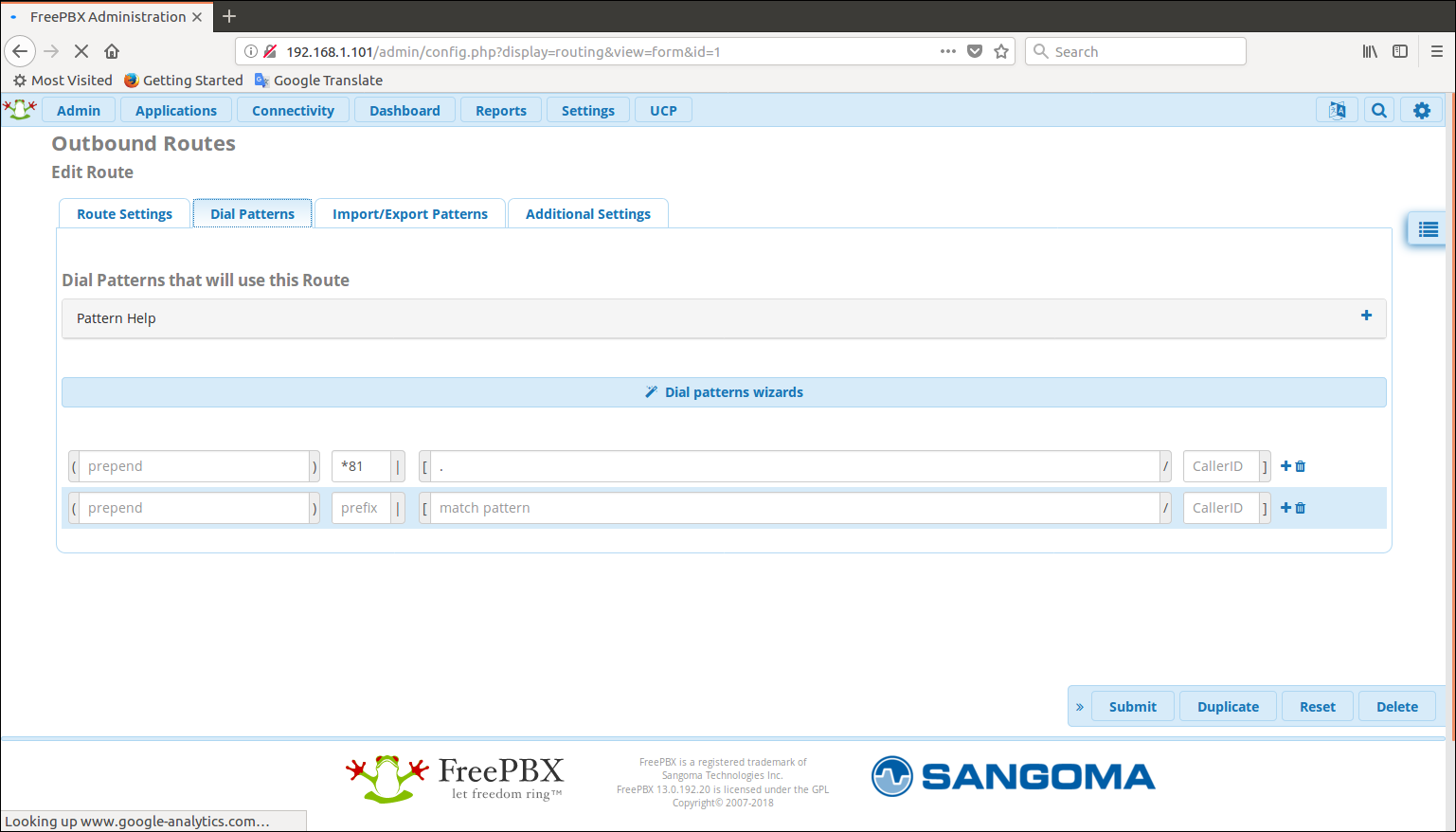 FreePBX dial pattern configuration for the IRIS4000 trunk